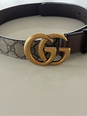 Gucci GG Marmont Belt GG Supreme Canvas Brown Leather 80/32 1.2” Wide NWOT